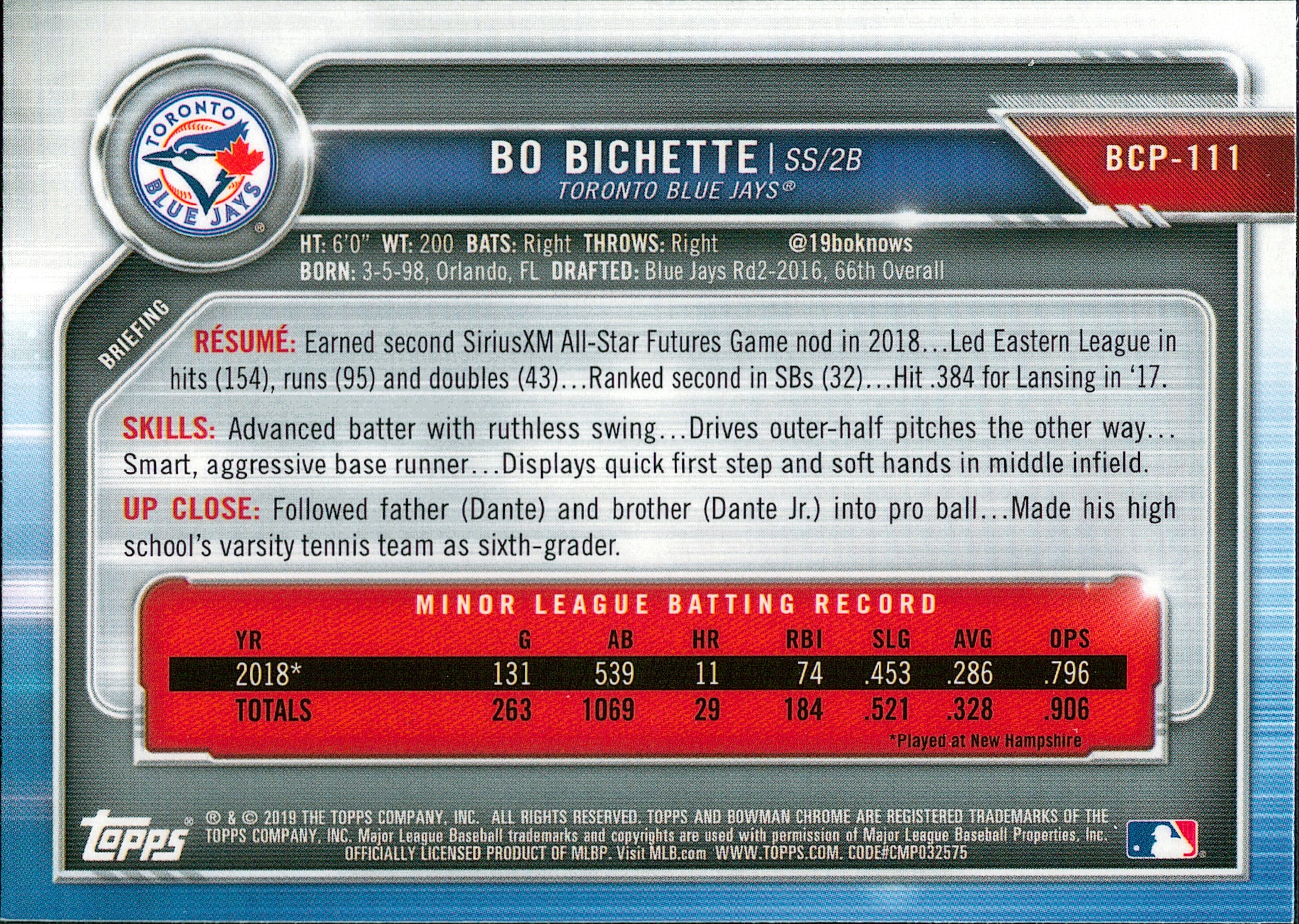 2019 Bowman Chrome Prospects #BCP-111 Bo Bichette Toronto Blue Jays