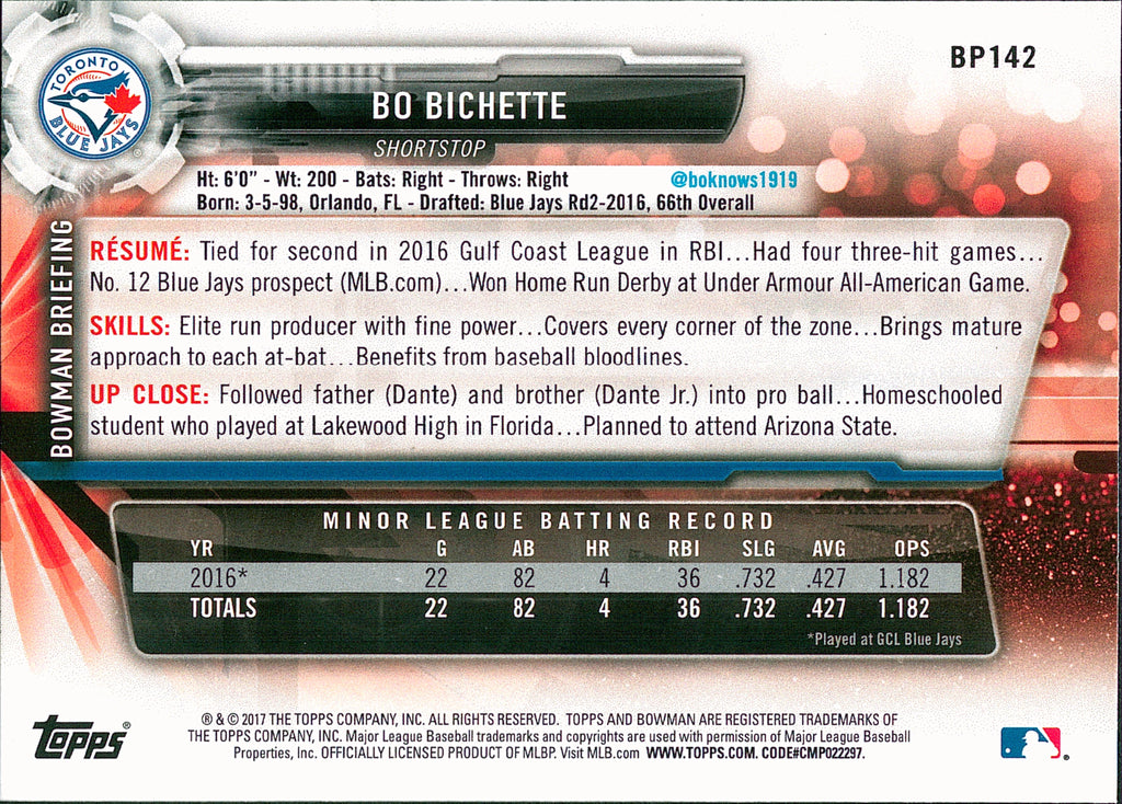 2017 Bowman Prospects #BP142 Bo Bichette Toronto Blue Jays