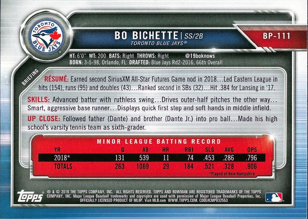 2019 Bowman Prospects #BP-111 Bo Bichette Toronto Blue Jays