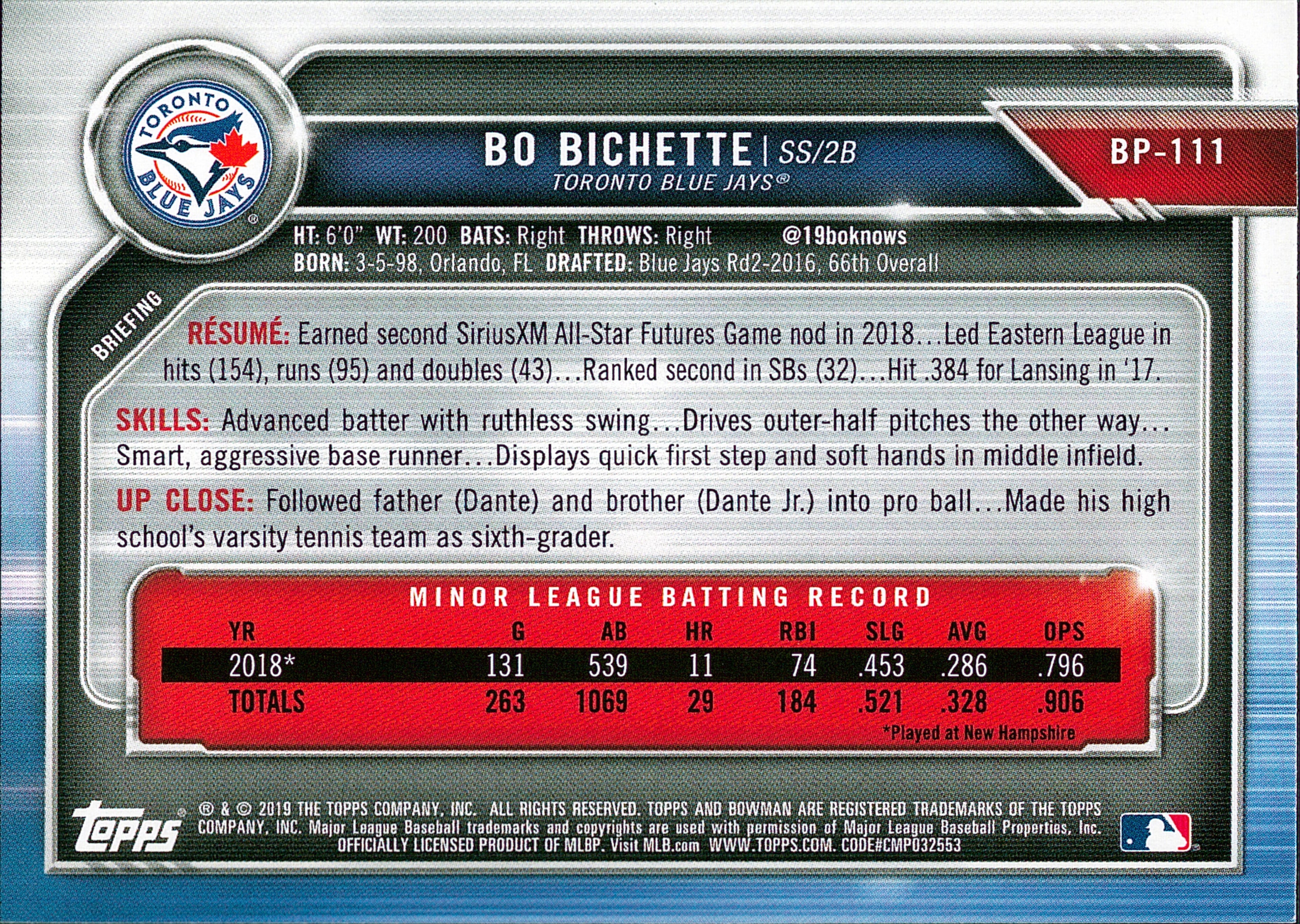 2019 Bowman Prospects #BP-111 Bo Bichette Toronto Blue Jays