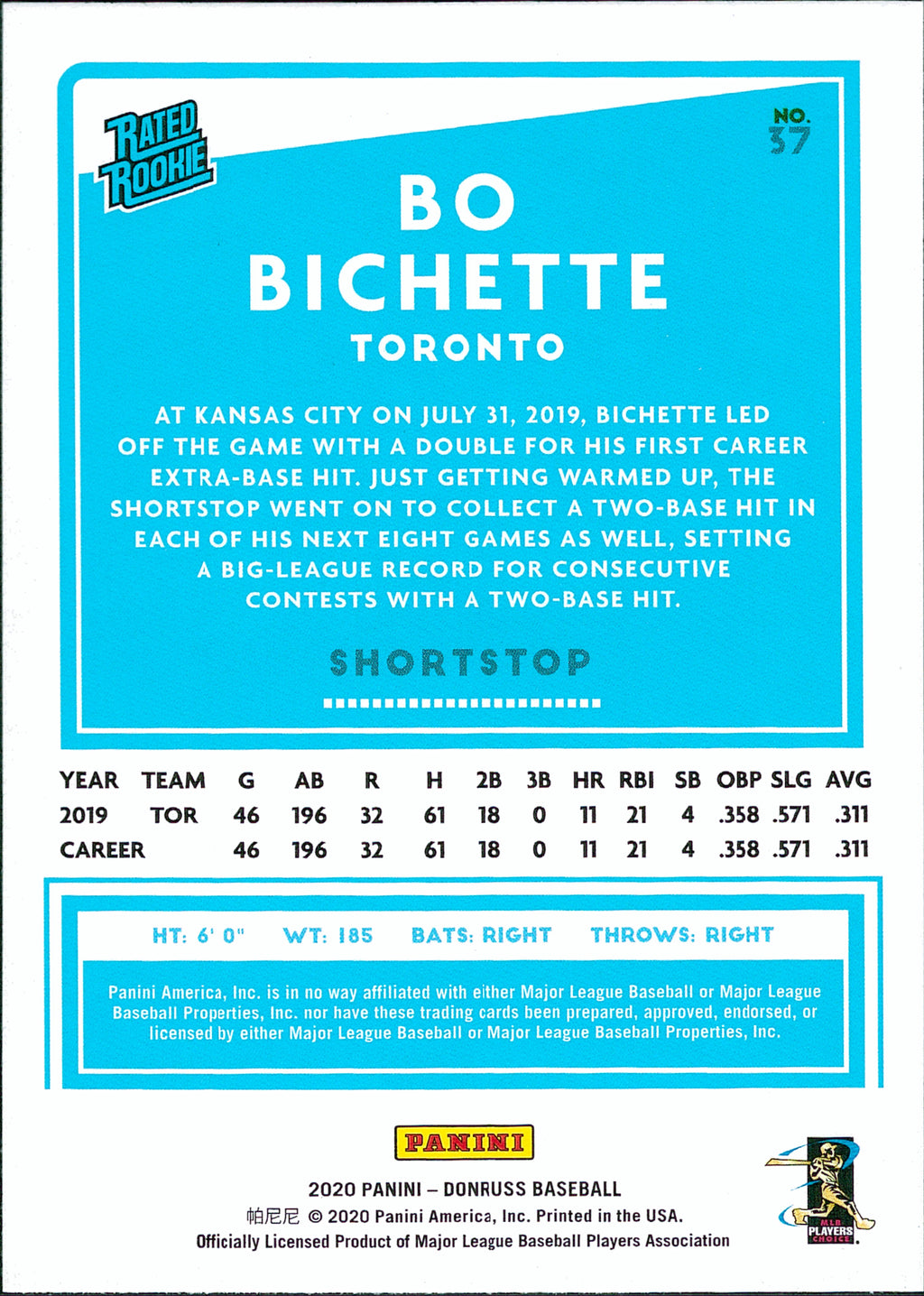 2020 Donruss #37 Bo Bichette RC Toronto Blue Jays