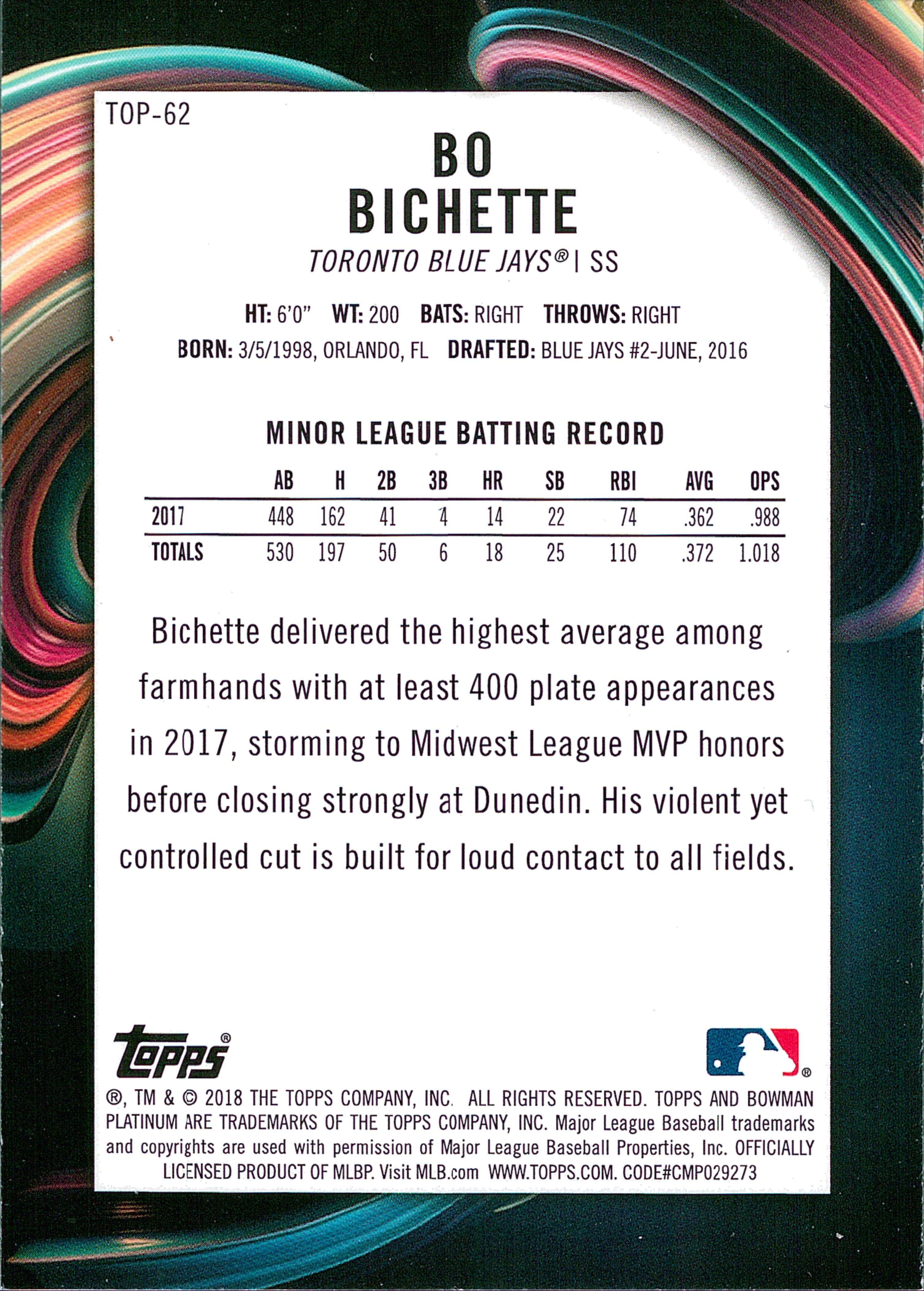 2018 Bowman Platinum Top Prospects #TOP-62 Bo Bichette Toronto Blue Jays