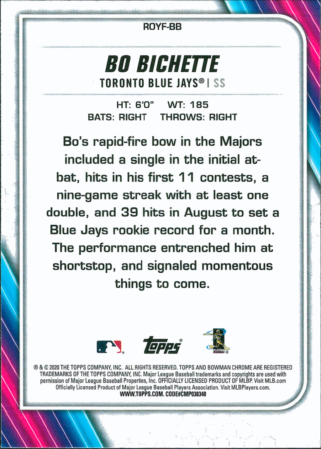 2020 Bowman Chrome Rookie of the Year Favorites #ROYF-BB Bo Bichette RC