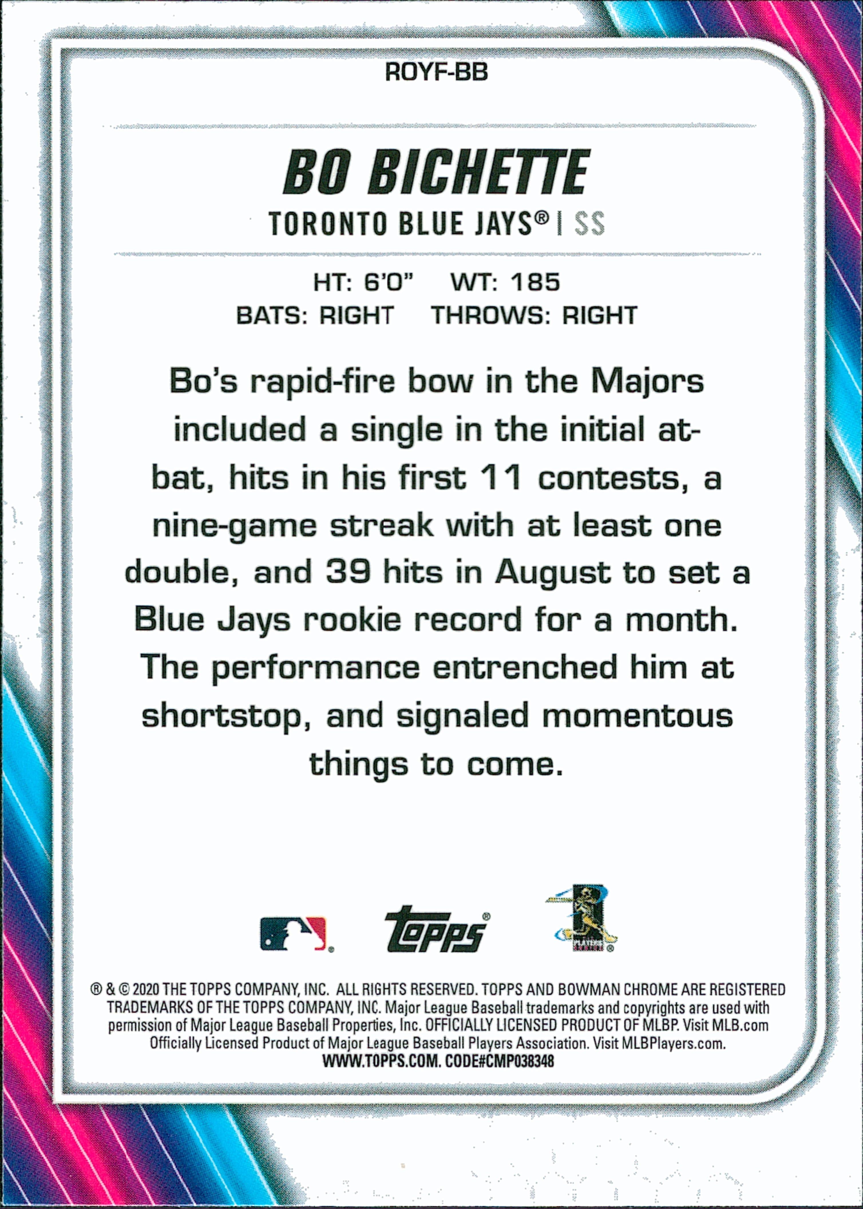 2020 Bowman Chrome Rookie of the Year Favorites #ROYF-BB Bo Bichette RC