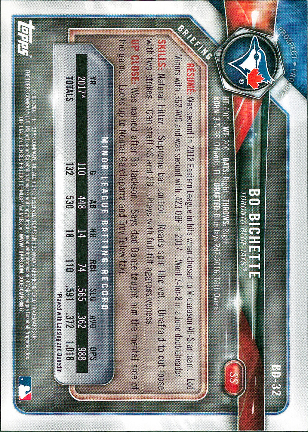 2018 Bowman Draft #BD-32 Bo Bichette Toronto Blue Jays