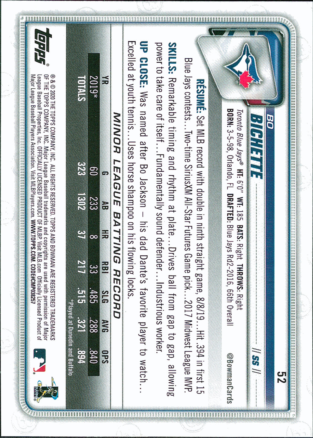 2020 Bowman #52 Bo Bichette RC Toronto Blue Jays