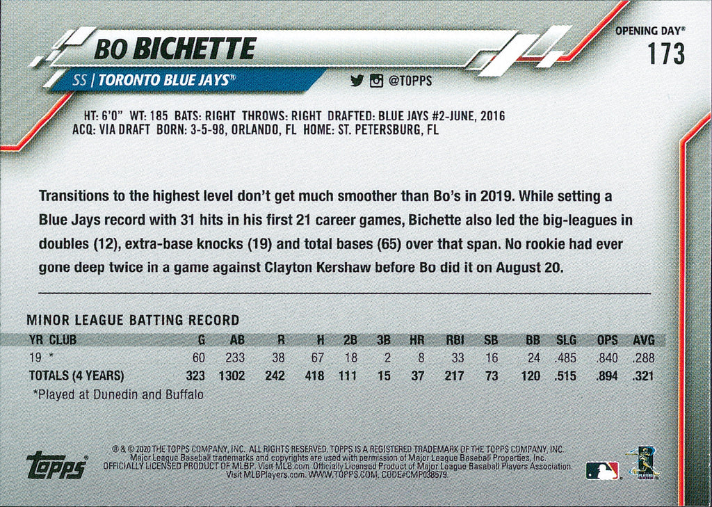 2020 Topps Opening Day #173a Bo Bichette RC Toronto Blue Jays