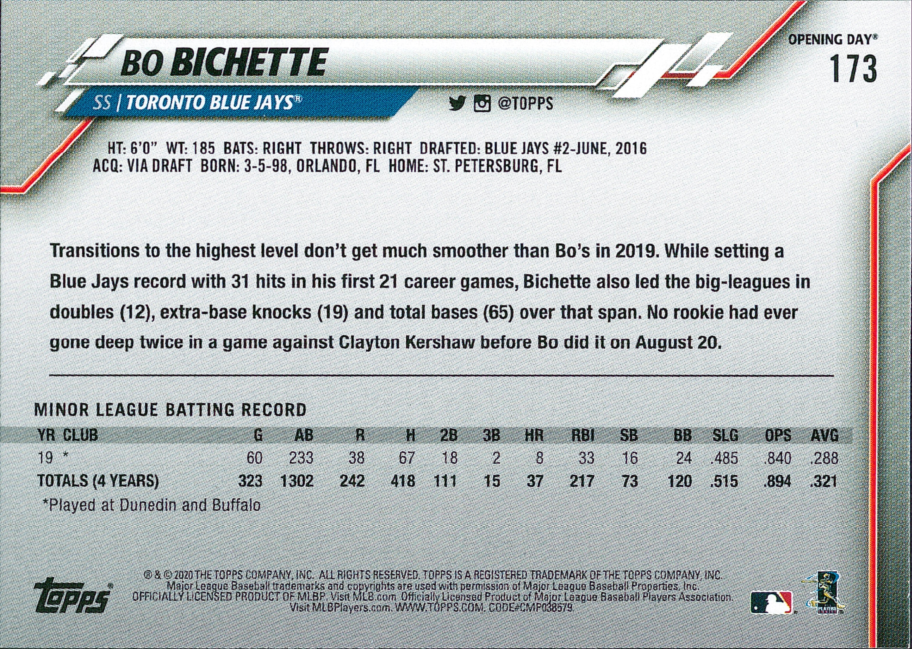 2020 Topps Opening Day #173a Bo Bichette RC Toronto Blue Jays