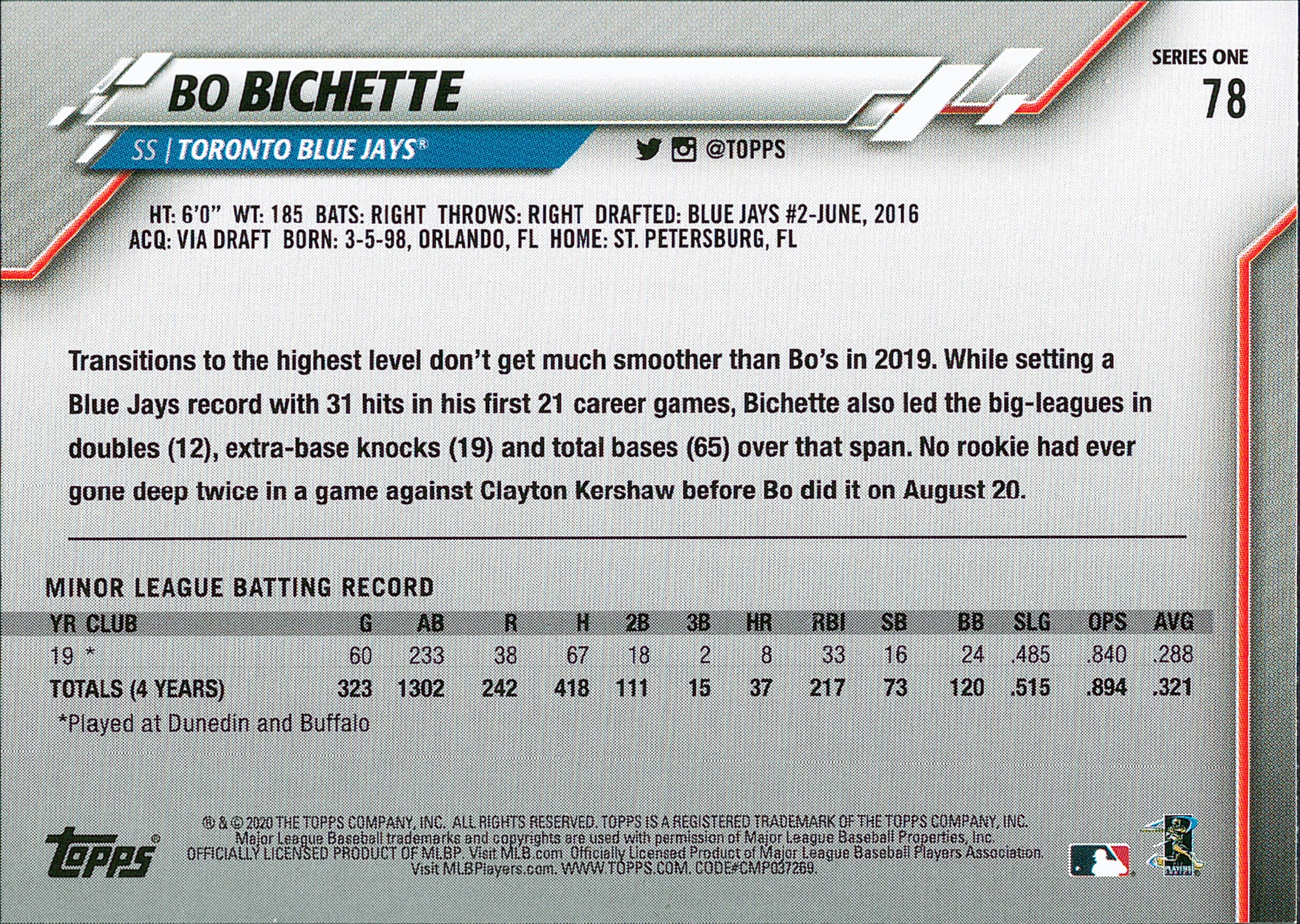 2020 Topps #78 Bo Bichette RC Toronto Blue Jays