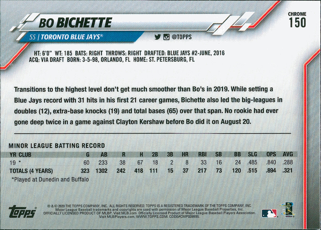 2020 Topps Chrome #150 Bo Bichette RC Toronto Blue Jays