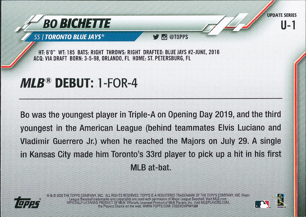 2020 Topps Update #U-1 Bo Bichette RC Toronto Blue Jays