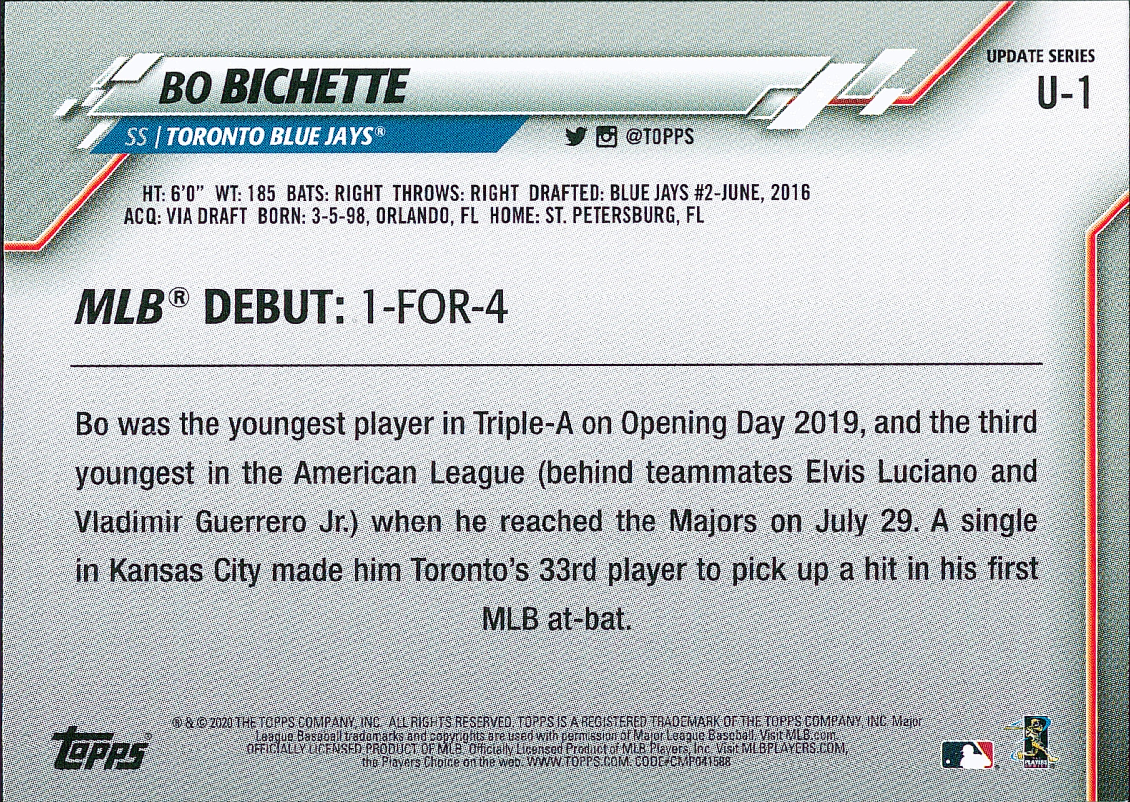 2020 Topps Update #U-1 Bo Bichette RC Toronto Blue Jays