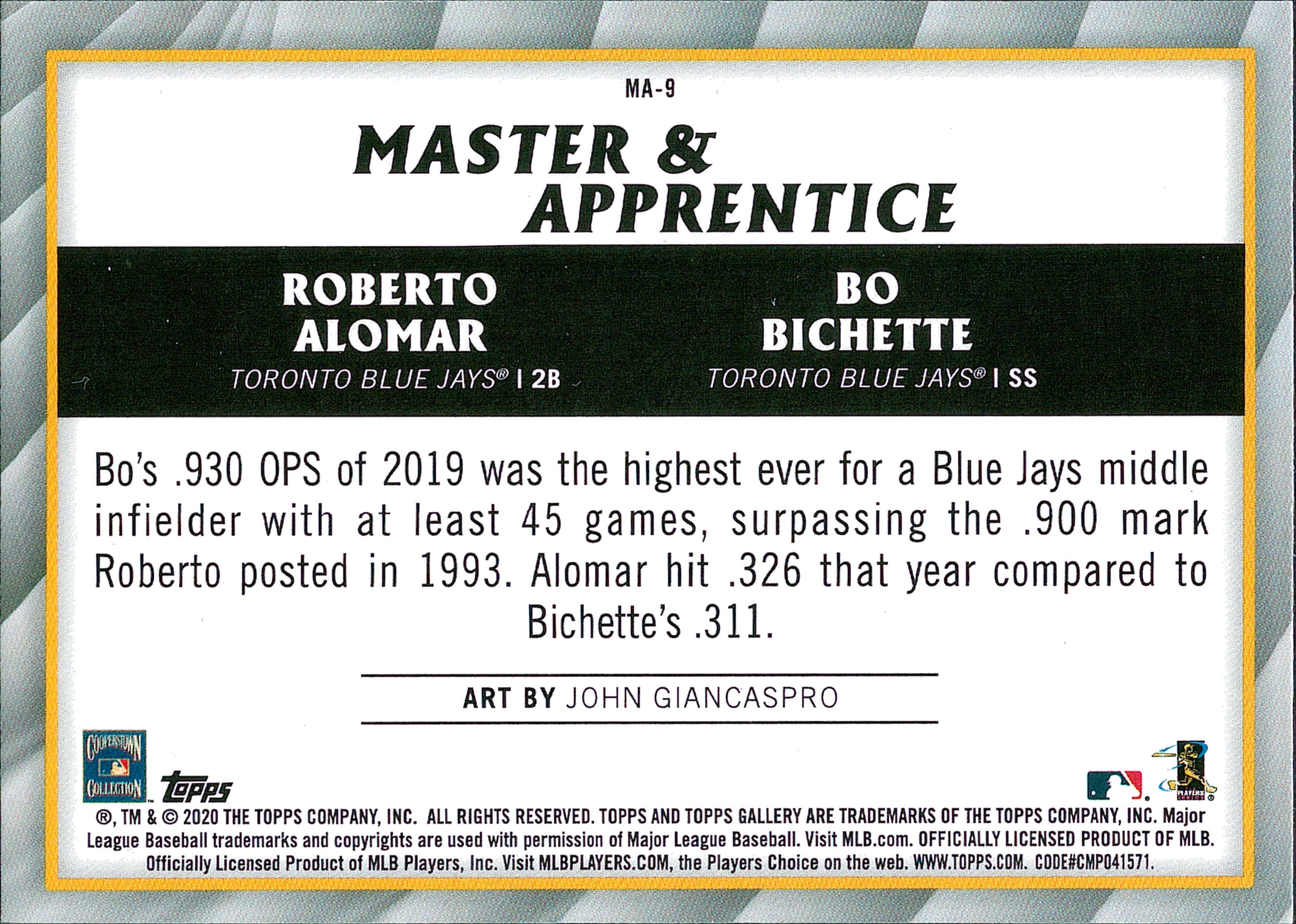 2020 Topps Gallery Master & Apprentice #MA-9 Roberto Alomar / Bo Bichette