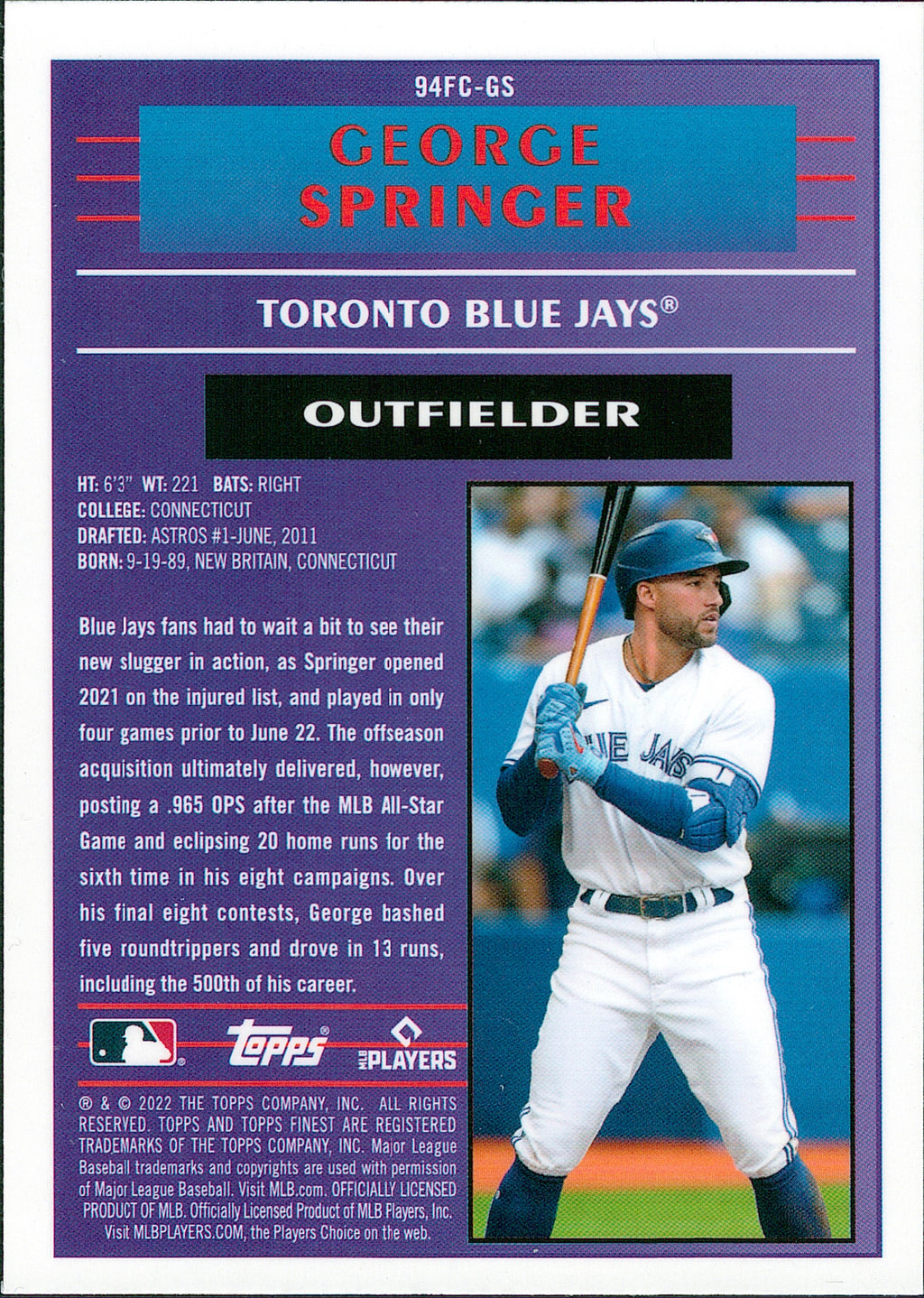 2022 Finest 1994 Topps Finest Cornerstones #94FC-GS George Springer Blue Jays
