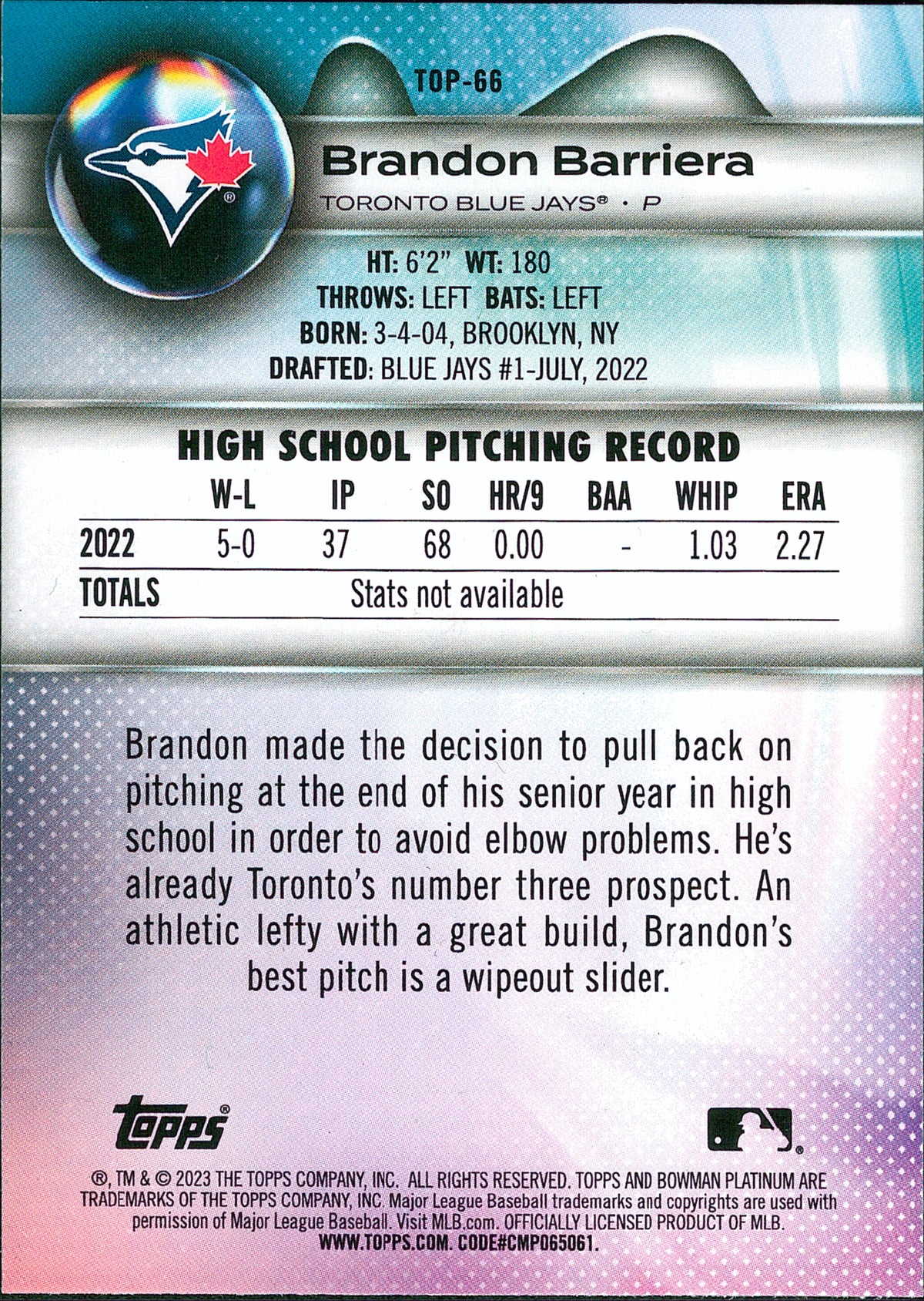 2023 Bowman Platinum Top Prospects #TOP-66 Brandon Barriera Toronto Blue Jays