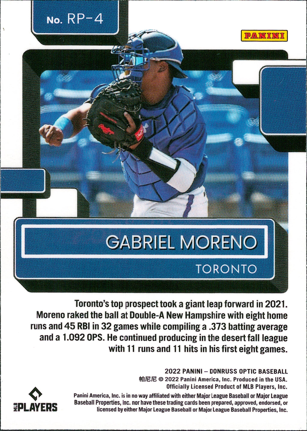 2022 Donruss Optic Rated Prospects #RP-4 Gabriel Moreno Toronto Blue Jays