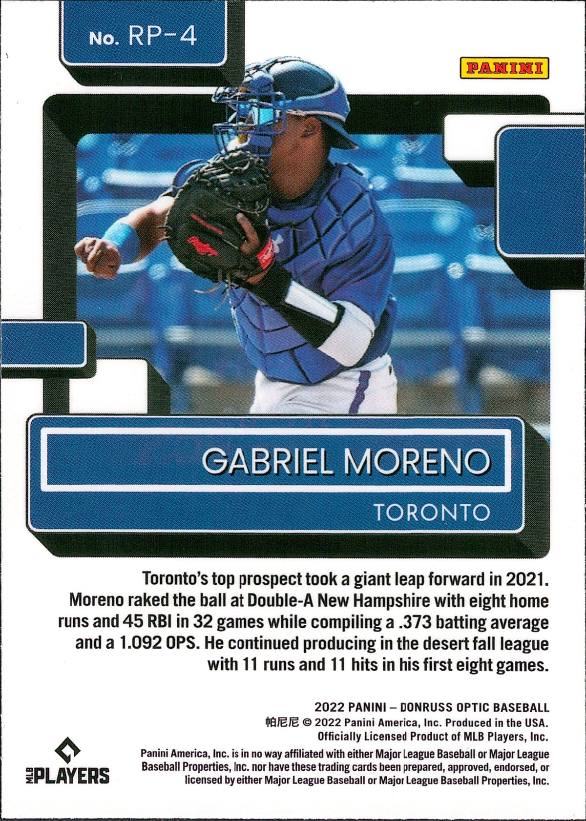 2022 Donruss Optic Rated Prospects #RP-4 Gabriel Moreno Toronto Blue Jays