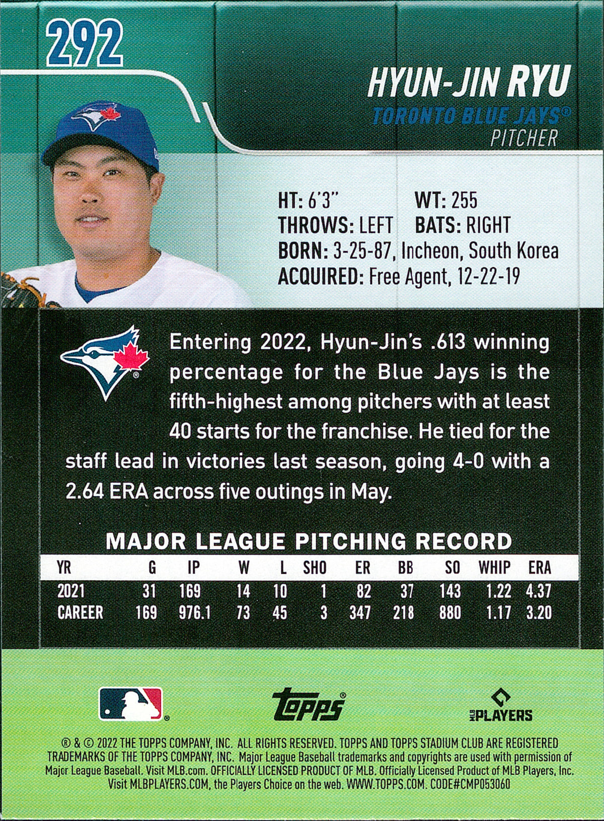 2022 Stadium Club Black Foil #292 Hyun-Jin Ryu Toronto Blue Jays