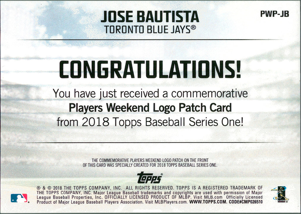 2018 Topps Players Weekend Patch #PWP-JB Jose Bautista Toronto Blue Jays