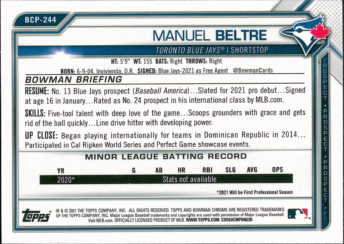 2021 Bowman Chrome Prospects Mojo Refractor #BCP-244 Manuel Beltre Blue Jays