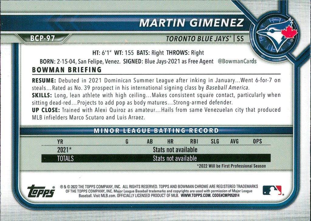 2022 Bowman Chrome Prospects Mojo Refractors #BCP-97 Martin Gimenez Blue Jays