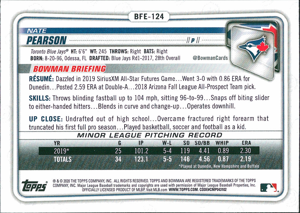 2020 Bowman 1st Edition #BFE-124 Nate Pearson Toronto Blue Jays