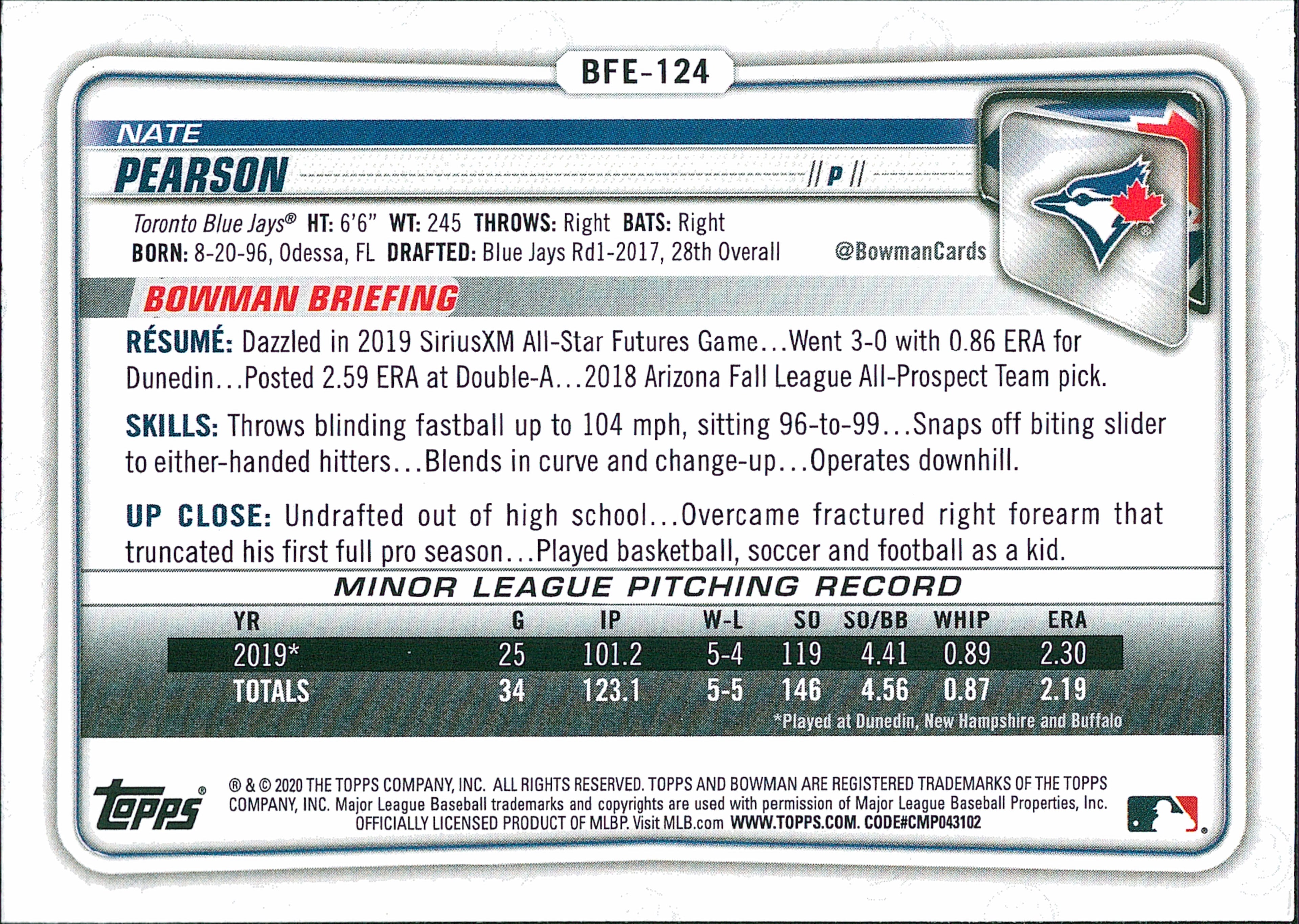 2020 Bowman 1st Edition #BFE-124 Nate Pearson Toronto Blue Jays