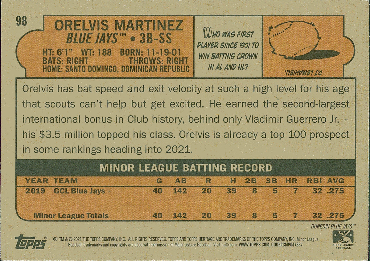 2021 Topps Heritage Minor League #98 Orelvis Martinez Dunedin Blue Jays