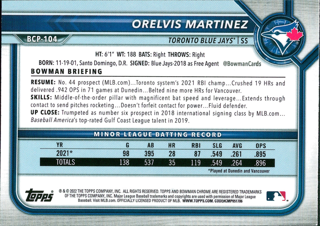 2022 Bowman Chrome Prospects #BCP-104 Orelvis Martinez Toronto Blue Jays