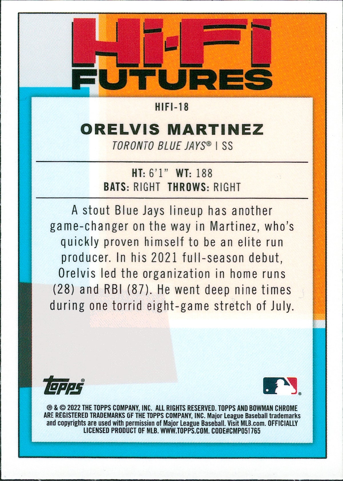 2022 Bowman Hi-Fi Futures #HIFI-18 Orelvis Martinez Toronto Blue Jays