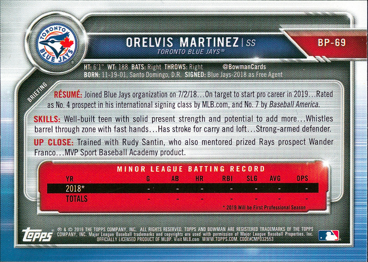 2019 Bowman Prospects #BP-69 Orelvis Martinez Toronto Blue Jays