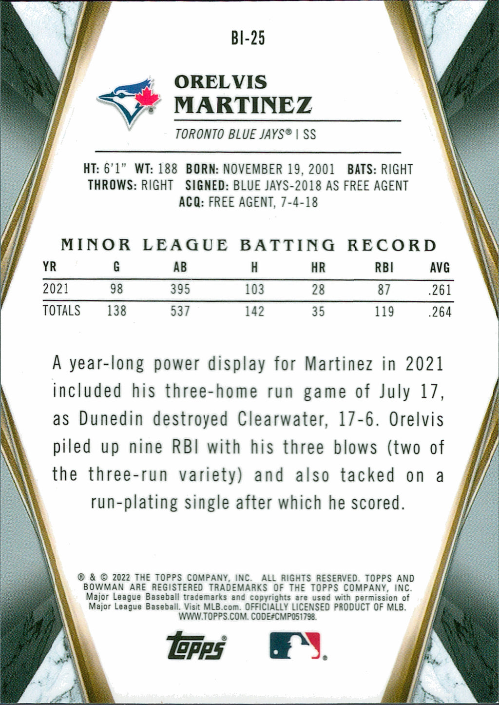 2022 Bowman Bowman Invicta #BI-25 Orelvis Martinez Toronto Blue Jays