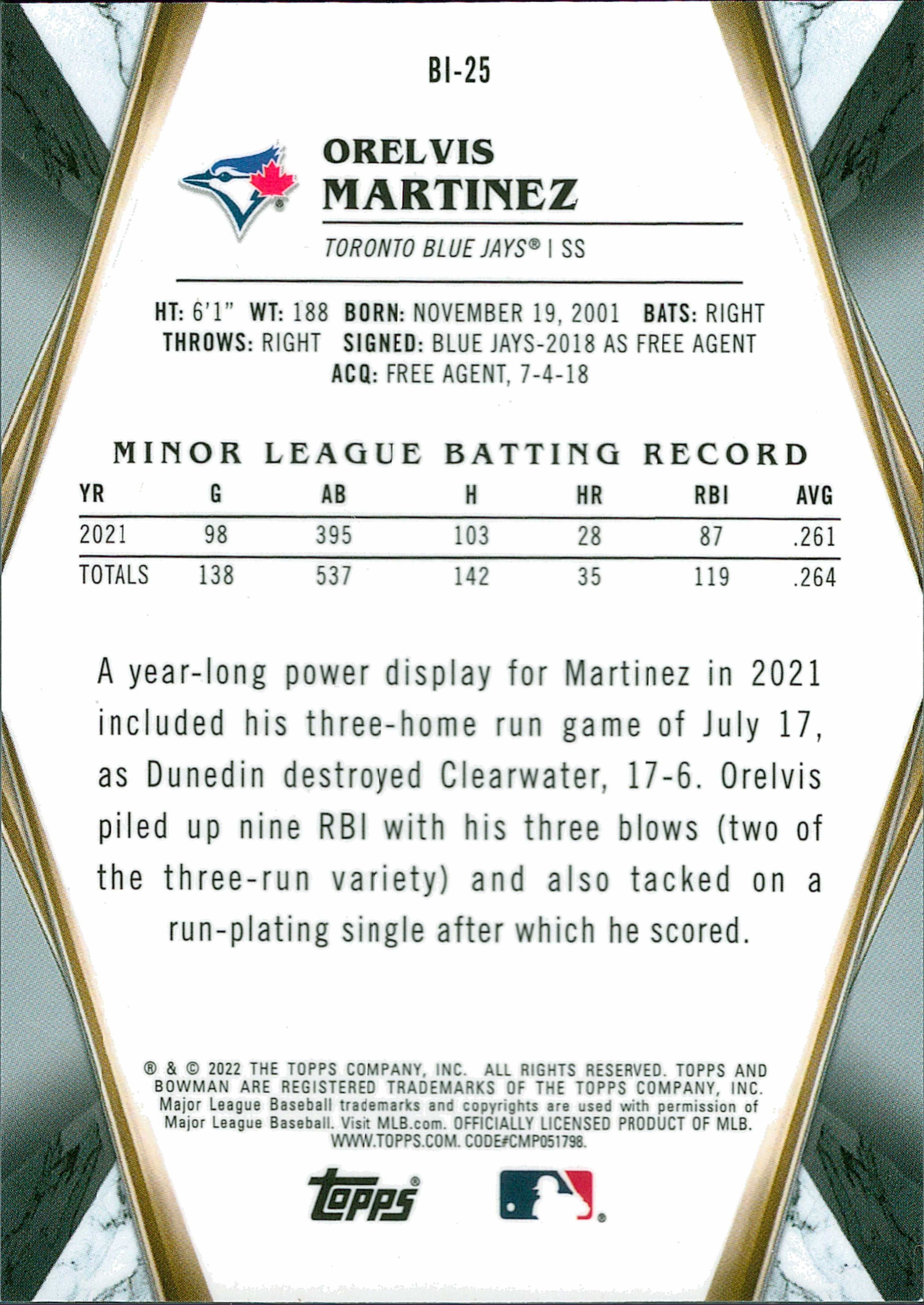 2022 Bowman Bowman Invicta #BI-25 Orelvis Martinez Toronto Blue Jays