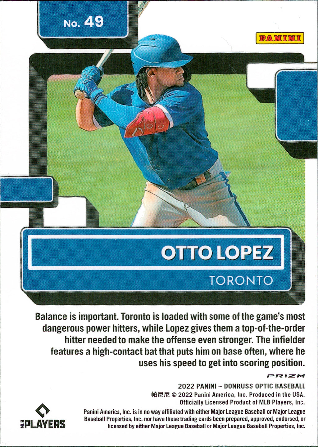 2022 Donruss Optic Holo Prizm #49 Otto Lopez Rookie Toronto Blue Jays