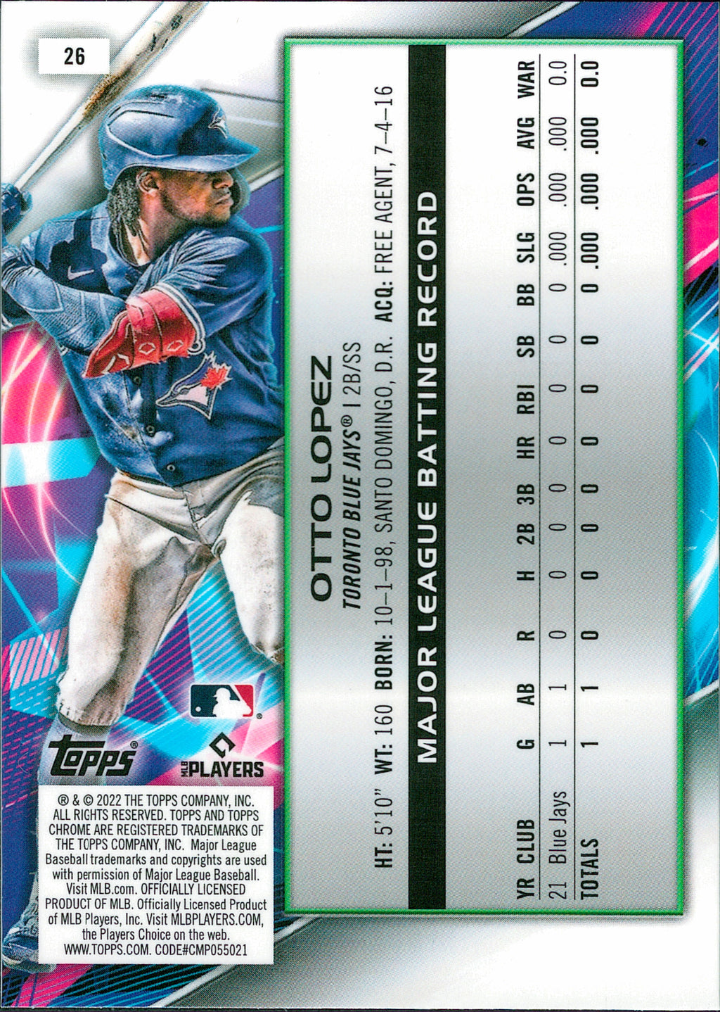 2022 Topps Chrome Cosmic #26 Otto Lopez RC Toronto Blue Jays