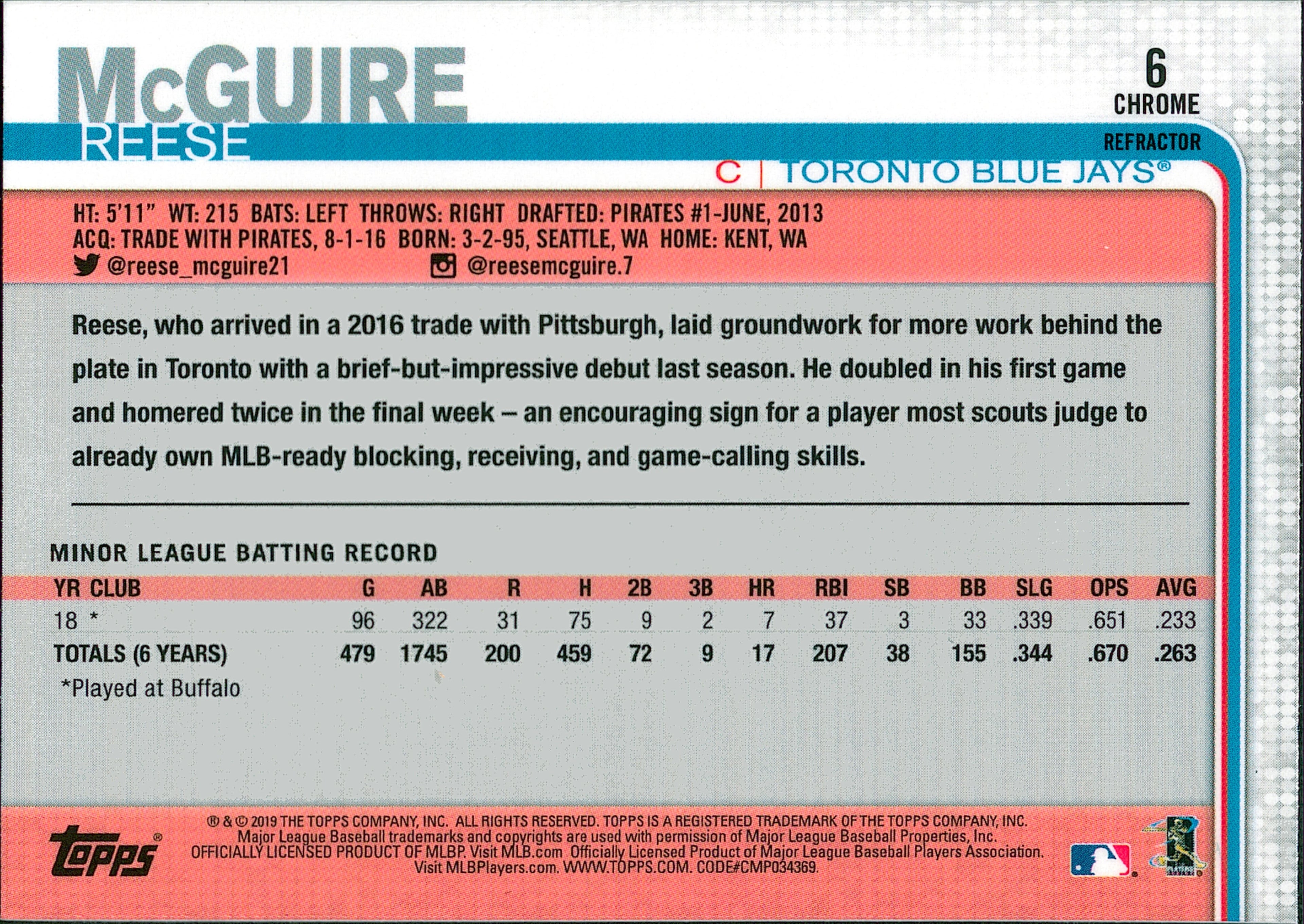 2019 Topps Chrome Sepia Refractor #6 Reese McGuire RC Toronto Blue Jays