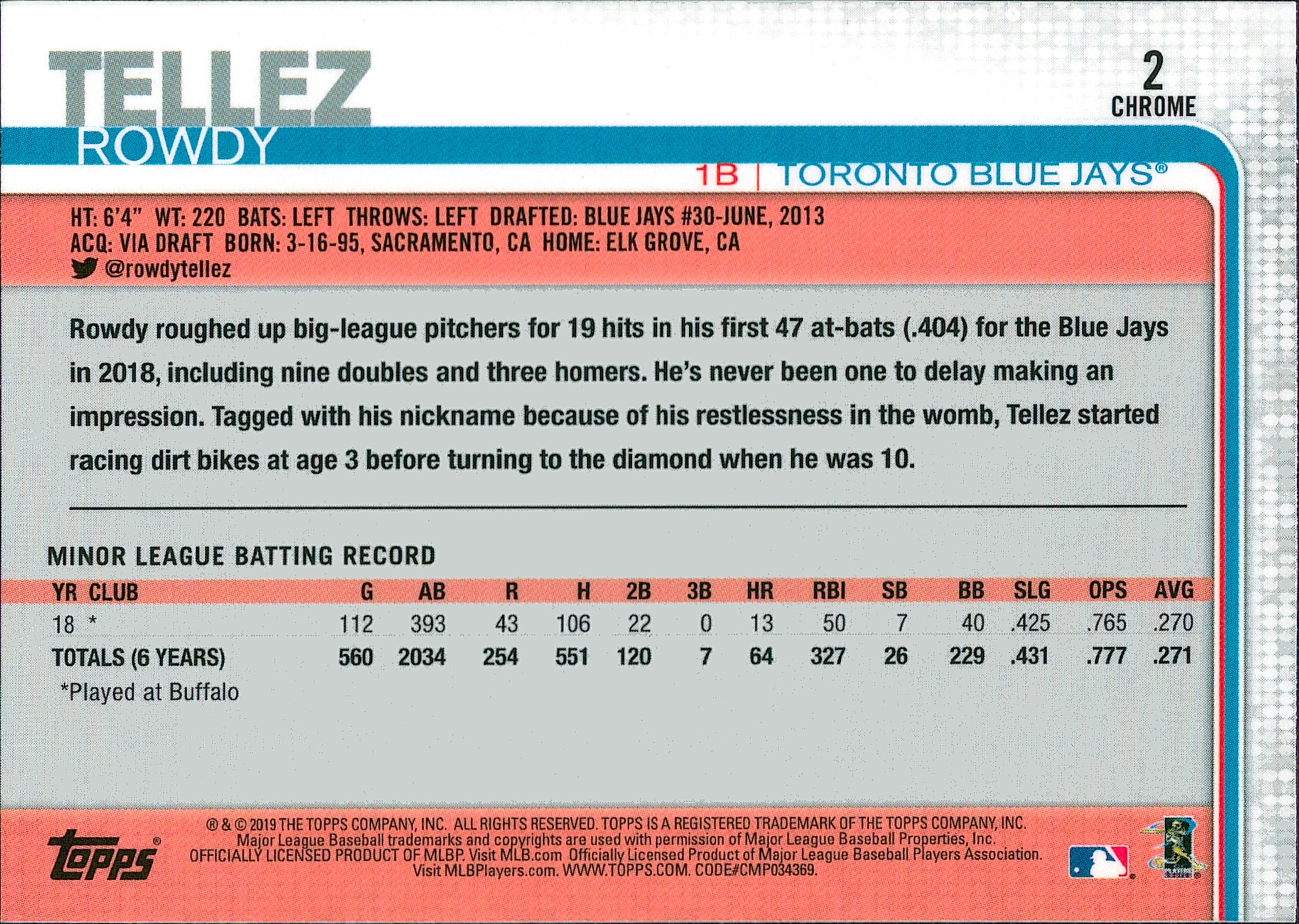 2019 Topps Chrome #2 Rowdy Tellez Rookie Toronto Blue Jays
