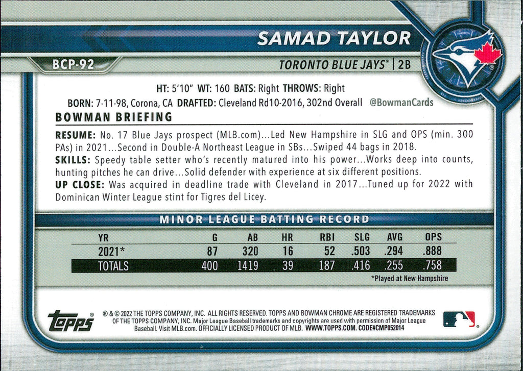 2022 Bowman Chrome Prospects Mojo Refractors #BCP-92 Samad Taylor Blue Jays