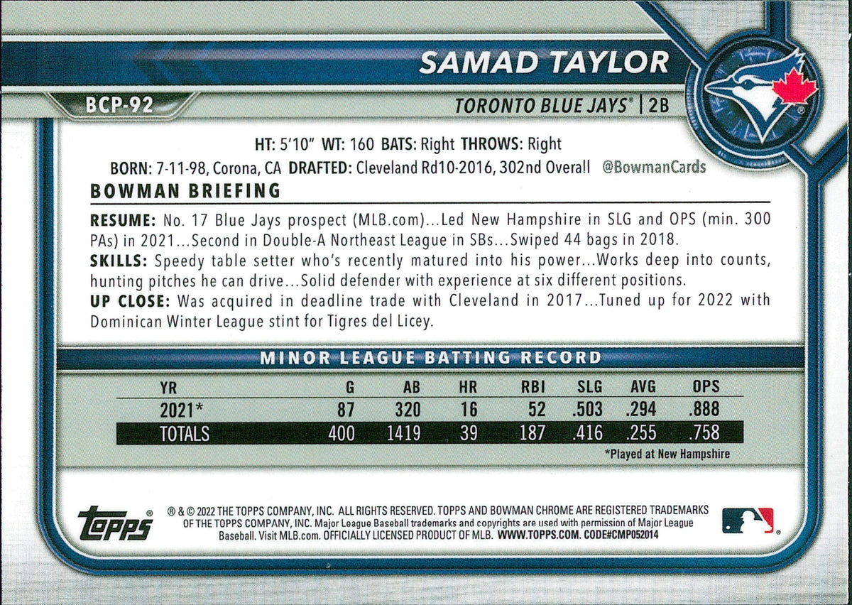 2022 Bowman Chrome Prospects Mojo Refractors #BCP-92 Samad Taylor Blue Jays