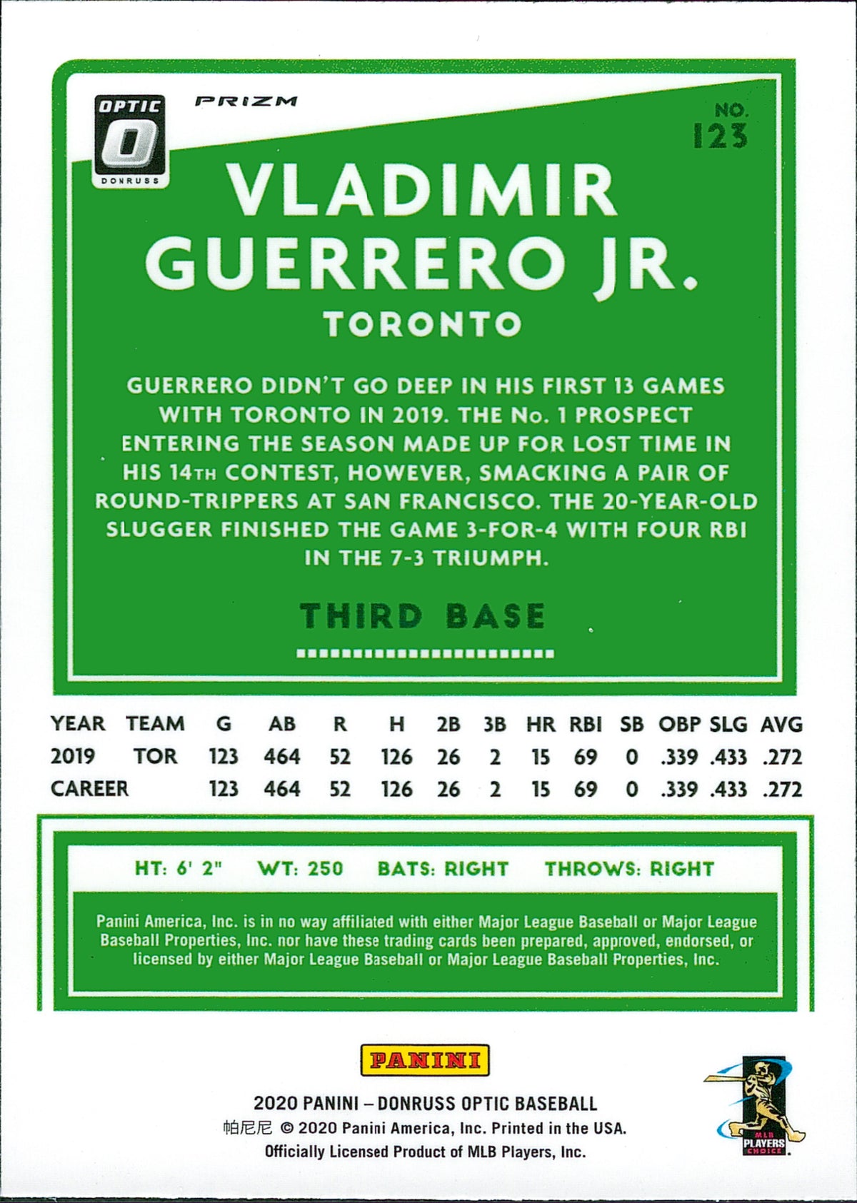 2020 Donruss Optic Holo #123 Vladimir Guerrero Jr. Toronto Blue Jays