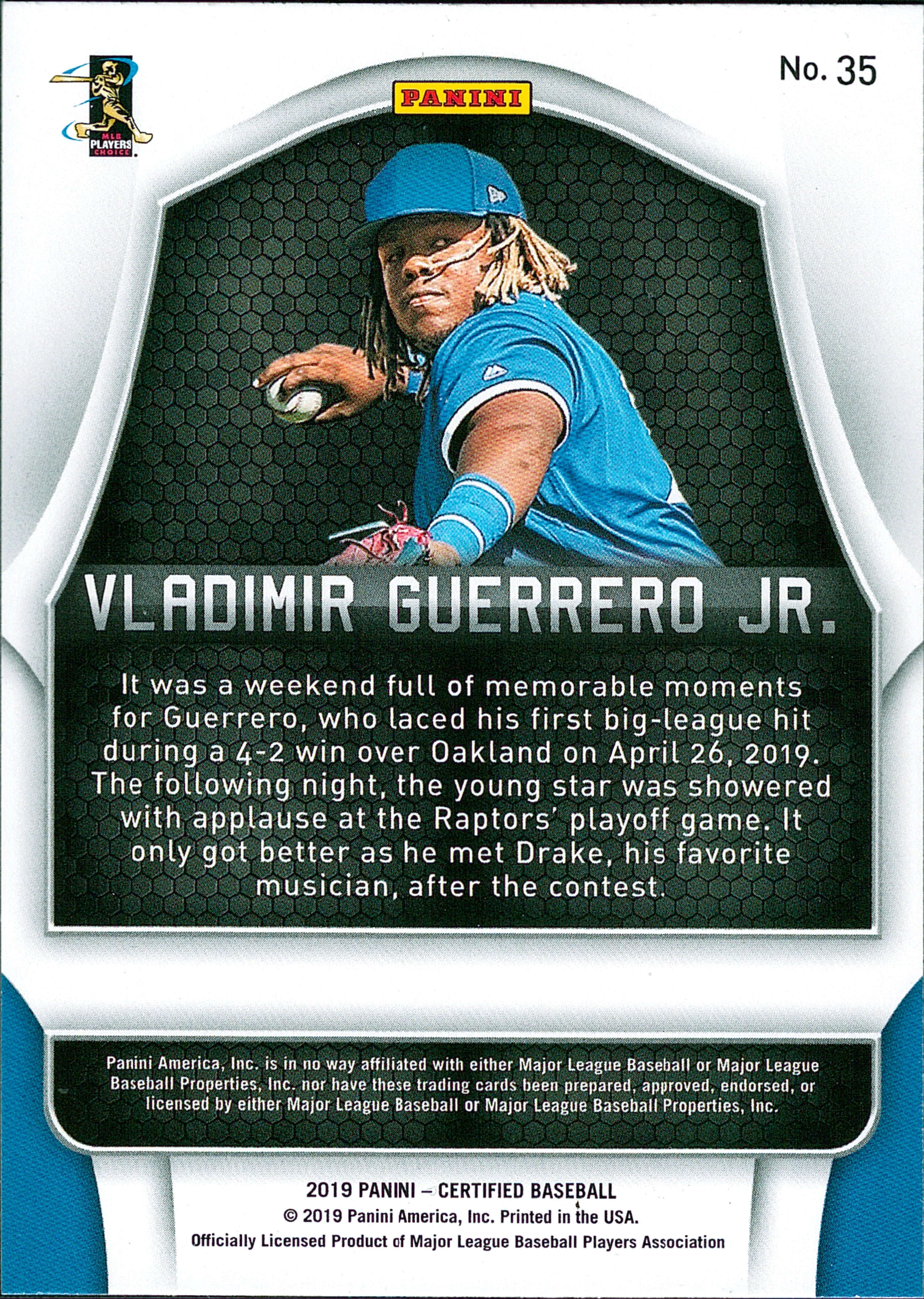 2019 Panini Chronicles Certified #35 Vladimir Guerrero Jr. RC Toronto Blue Jays