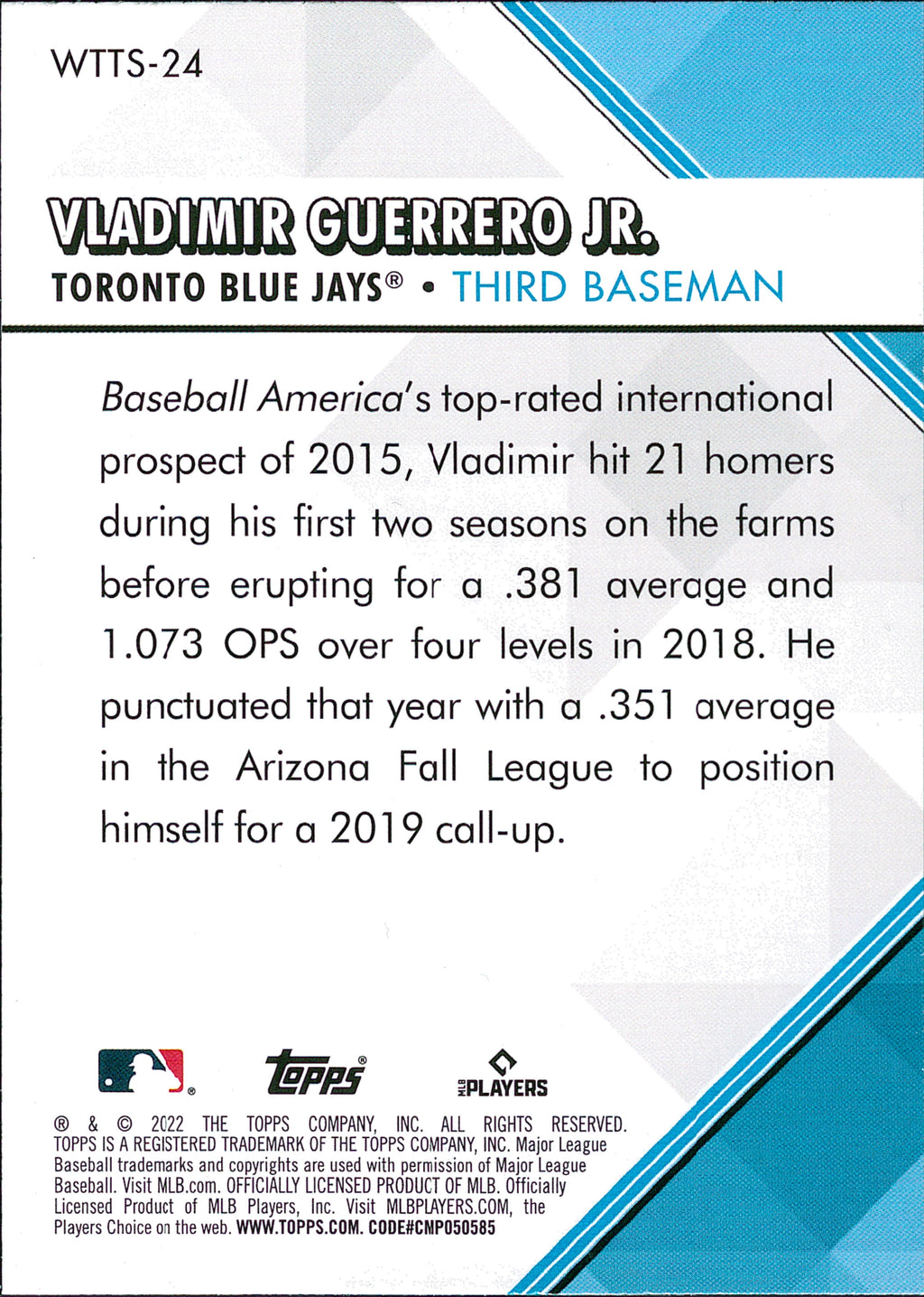2022 Topps Welcome to the Show #WTTS-24 Vladimir Guerrero Jr. Toronto Blue Jays