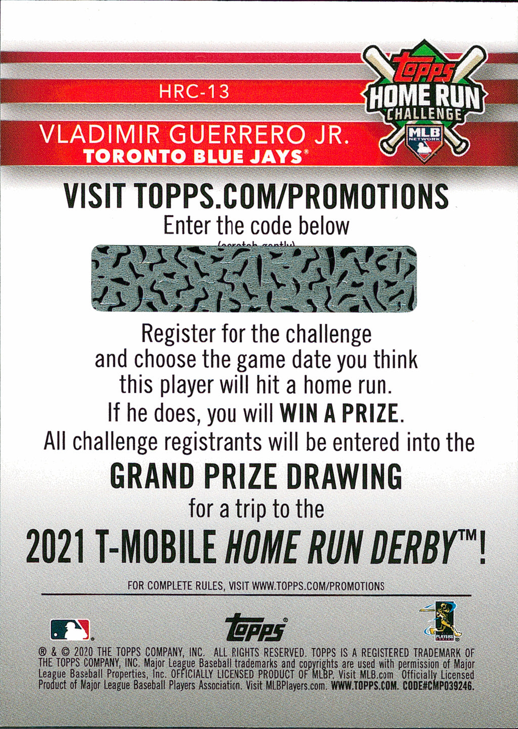2020 Topps Home Run Challenge Series Two #HRC-13 Vladimir Guerrero Jr. Blue Jays