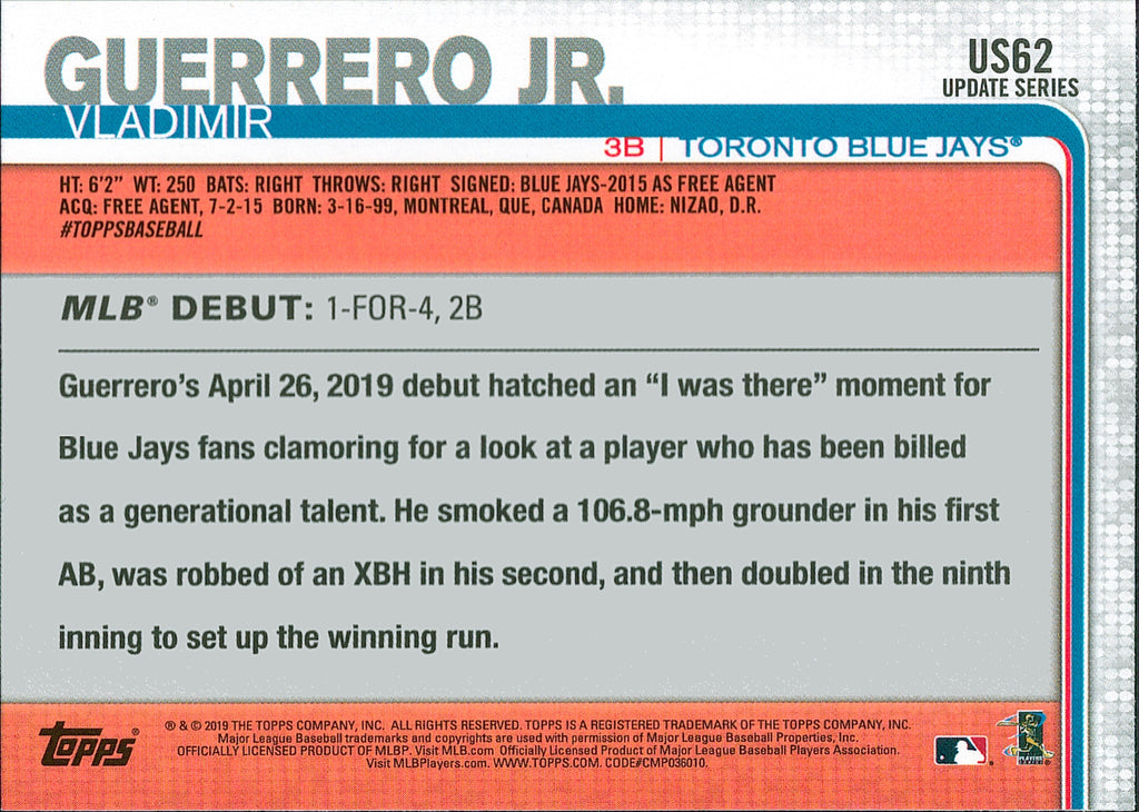 2019 Topps Update #US62 Vladimir Guerrero Jr. RC Toronto Blue Jays