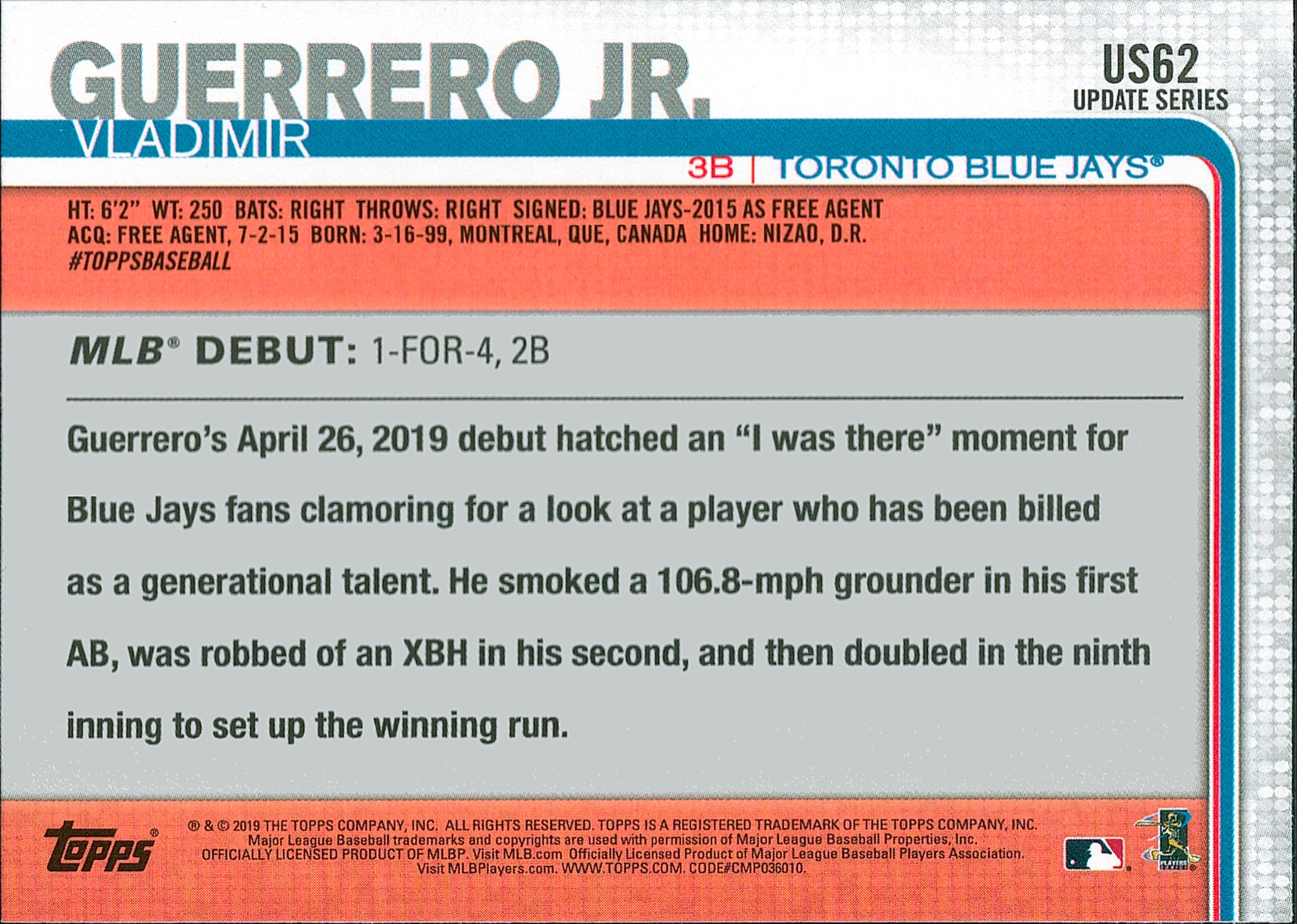 2019 Topps Update #US62 Vladimir Guerrero Jr. RC Toronto Blue Jays