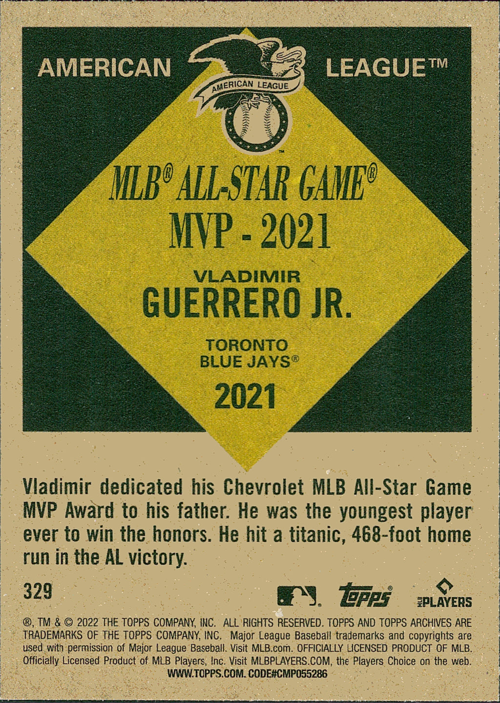 2022 Topps Archives #329 Vladimir Guerrero Jr. Toronto Blue Jays