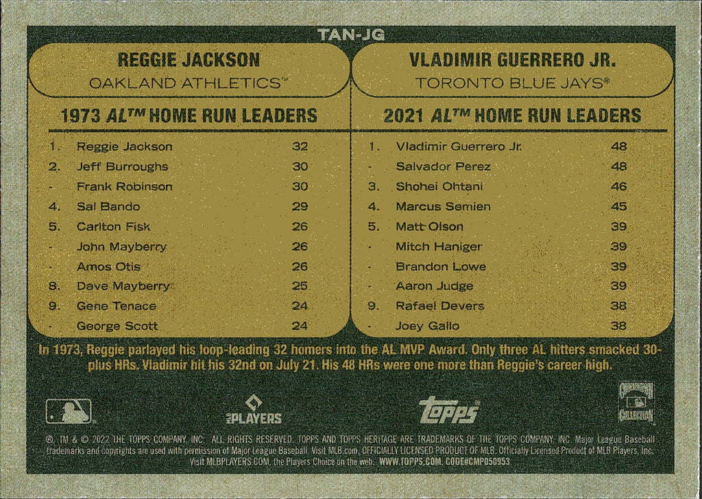 2022 Topps Heritage Then and Now #TAN-JG Reggie Jackson / Vladimir Guerrero Jr.