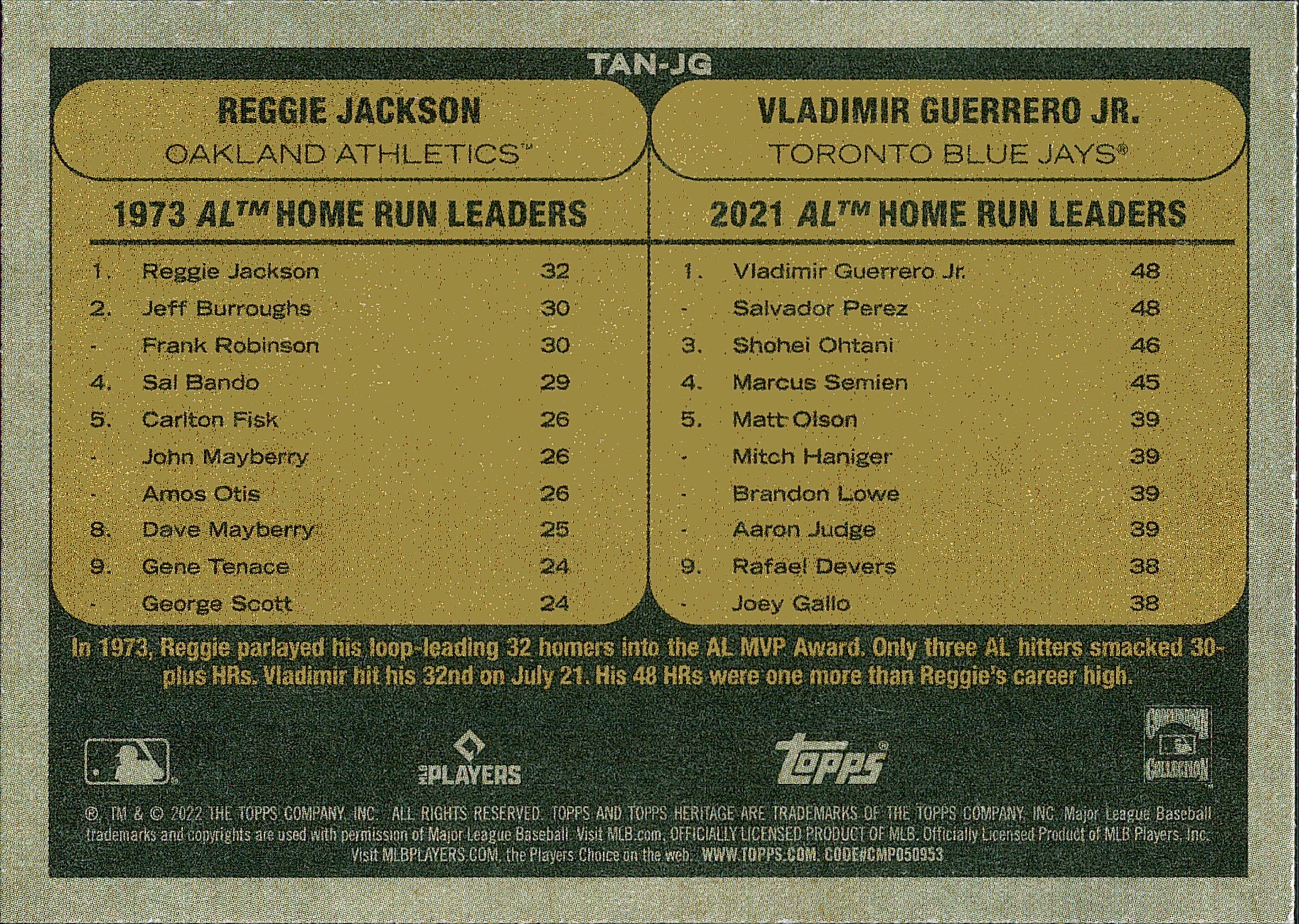 2022 Topps Heritage Then and Now #TAN-JG Reggie Jackson / Vladimir Guerrero Jr.