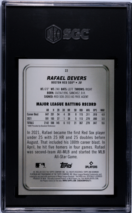 2022 Bowman Platinum Gold /50 #22 Rafael Devers SGC 9.5 Boston Red Sox