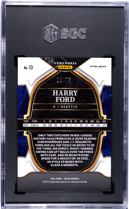 2023 Panini Select Neon Green Prizm /75 #13 Harry Ford SGC 10 Seattle Mariners